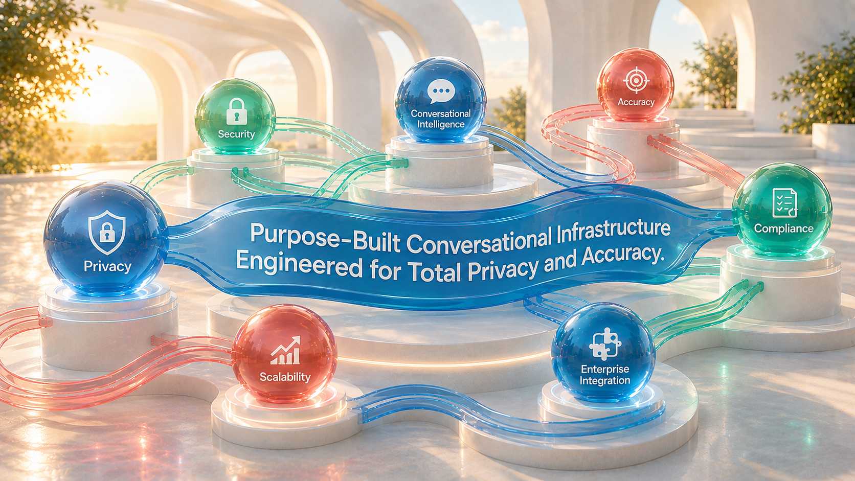 Purpose-built conversational infrastructure with glass spheres for privacy, security, compliance, scalability, accuracy, and enterprise integration.